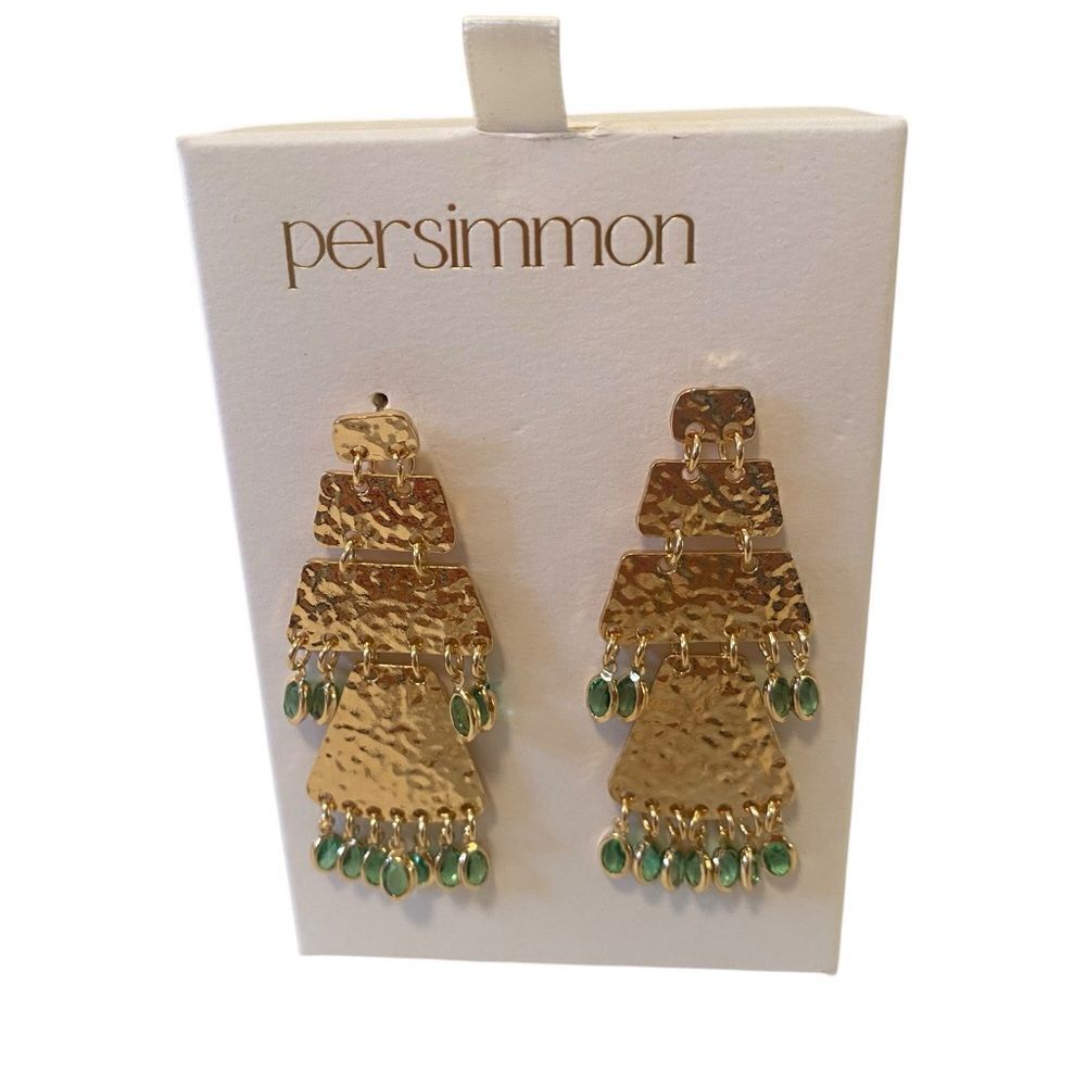 Persimmon Gorgeous Gold and Green Stone 3 Tier Stud Dangle Statement Earrings.